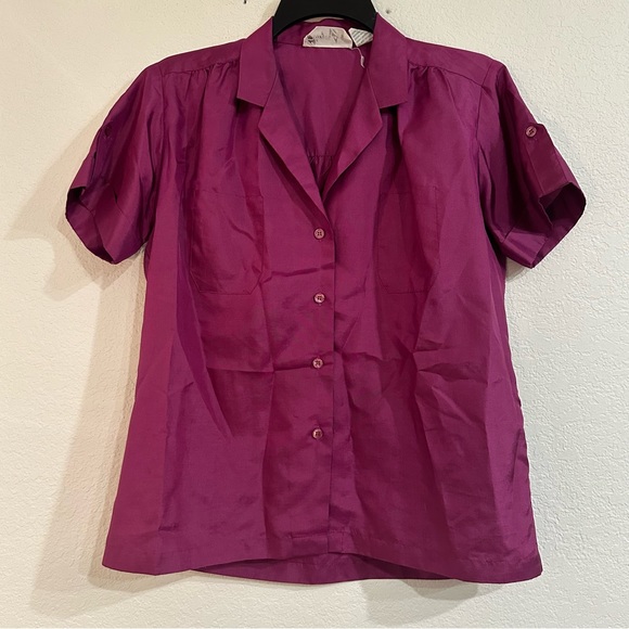 Vintage Satin Purple Short Sleeve Button Down Blouse, Romantic, Size 10 Medium - Picture 1 of 6